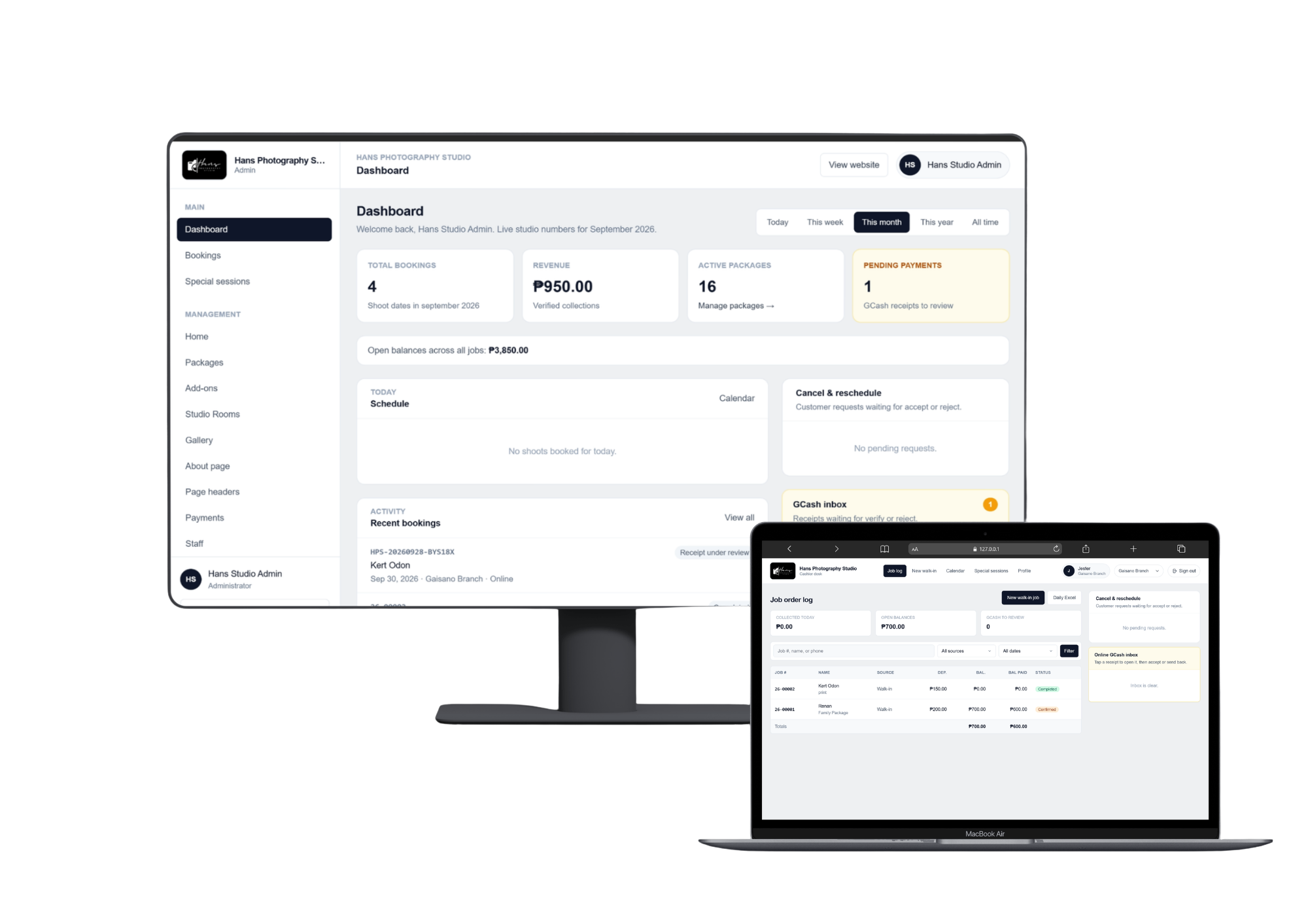 Hans Photography Studio — admin dashboard and operations overview.